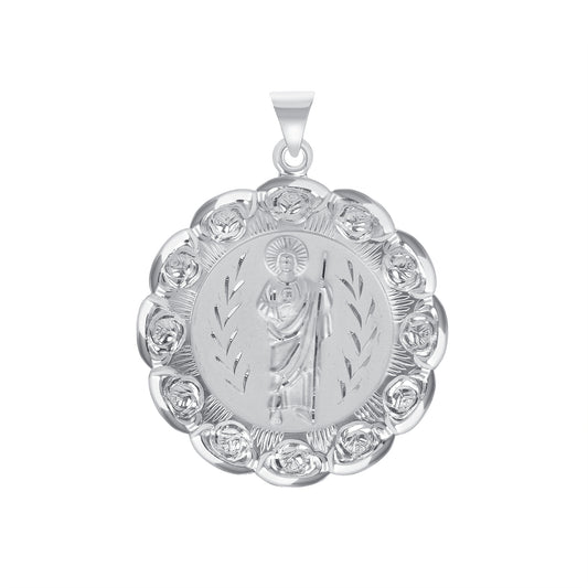Silver 925 San Judas (Saint Jude) Two-Sided Round Rose Pendant. MEDA72