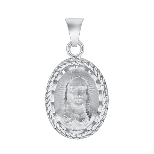 Silver 925 Sacred Heart of Jesus / Virgin Mary Two-Sided Oval Rope Pendant. MEDA75