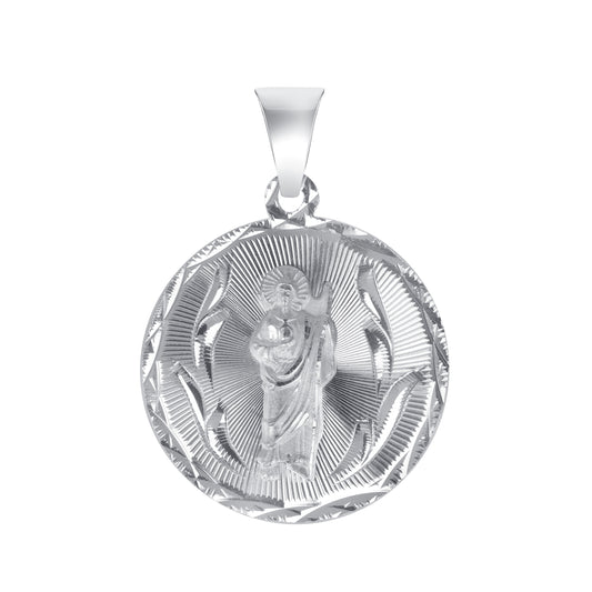 Silver 925 San Judas (Saint Jude) Medium Round Diamond Cut Pendant. MEDA78-M