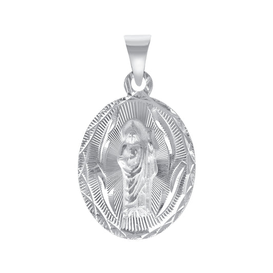 Silver 925 San Judas (Saint Jude) Two-Sided Diamond Cut Oval Pendant. MEDA79-S