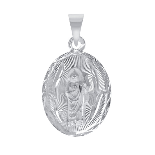 Silver 925 San Judas (Saint Jude) Two-Sided Diamond Cut Oval Pendant. MEDA79-S
