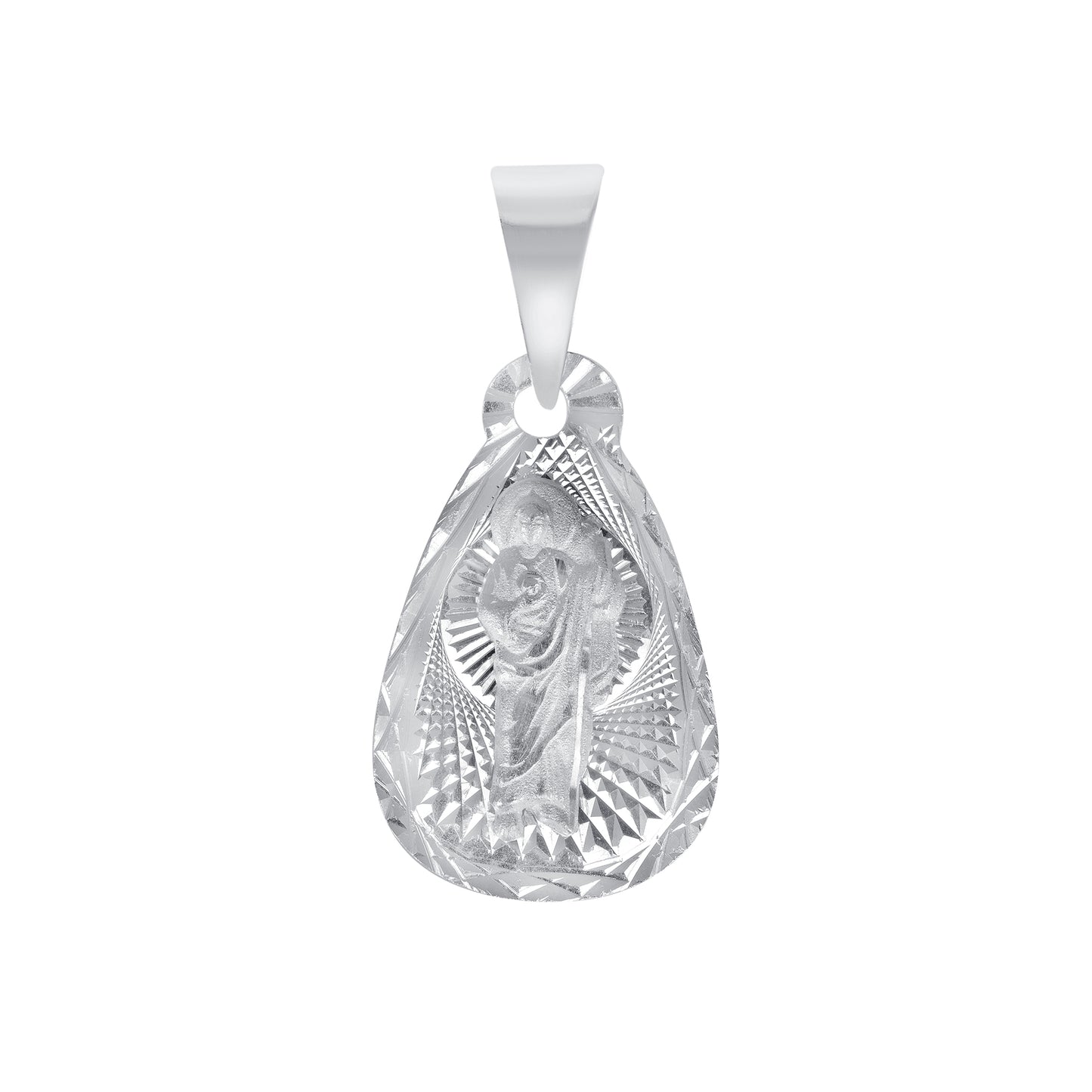 Silver 925 San Judas Diamond Cut Tear Drop Shape Pendant. MEDA81