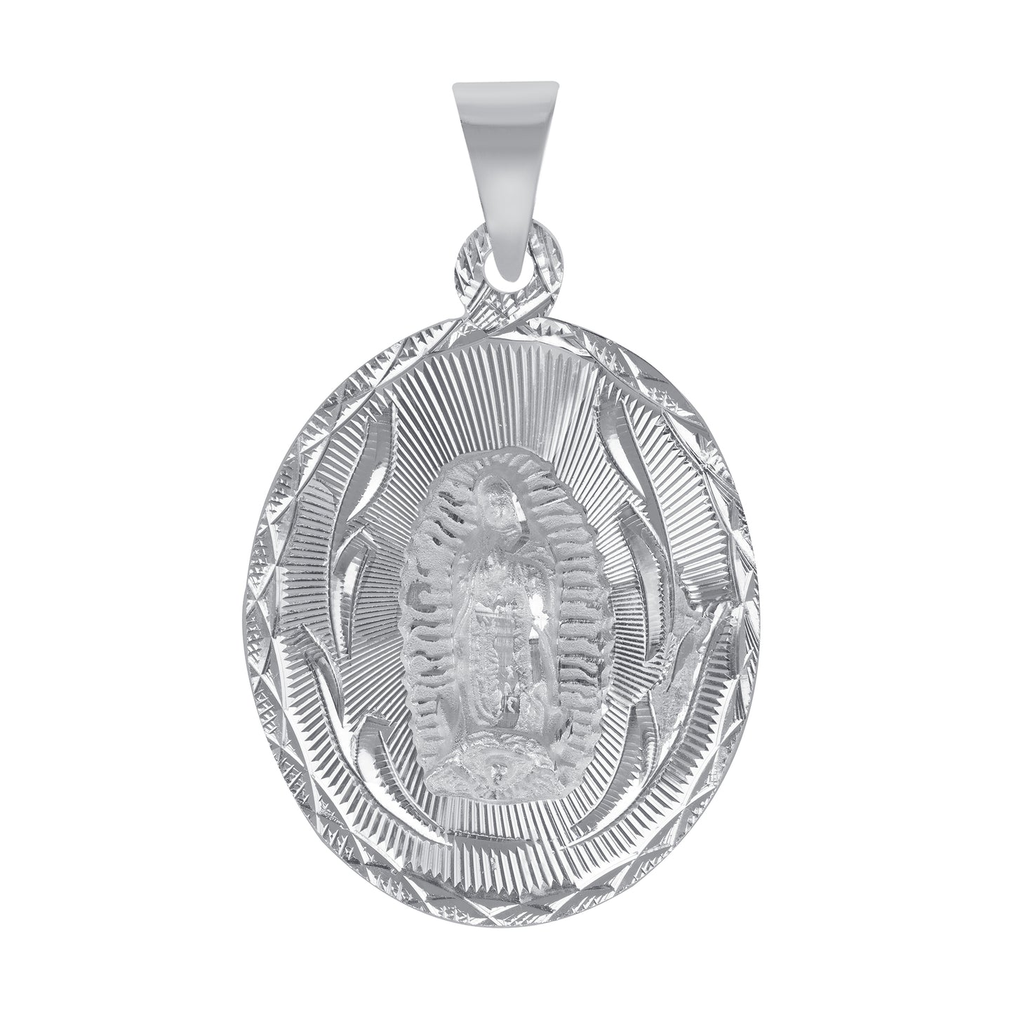 Silver 925 Virgin Mary (Virgen de Guadalupe) Large Diamond Cut Oval Shape Pendant. MEDA88-L