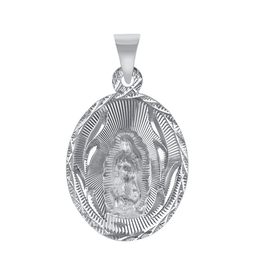 Silver 925 Virgin Mary (Virgen de Guadalupe) Medium Diamond Cut Oval Shape Pendant. MEDA88-M
