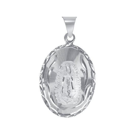 Silver 925 Virgin Mary (Virgen de Guadalupe) Extra Large Diamond Cut Oval Shape Pendant. MEDA88-XL