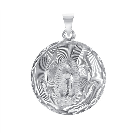 Silver 925 Virgin Mary (Virgen de Guadalupe) Large Diamond Cut Round Shape Pendant. MEDA90-L