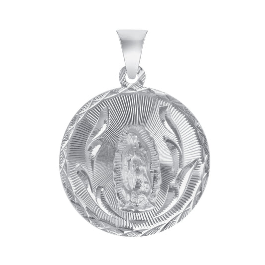 Silver 925 Virgin Mary (Virgen de Guadalupe) Medium Diamond Cut Round Shape Pendant. MEDA90-M