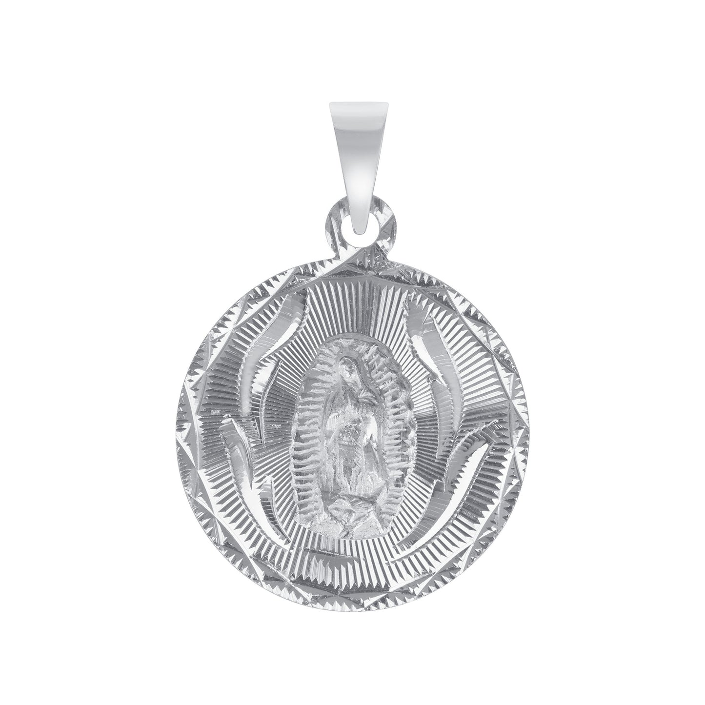 Silver 925 Virgin Mary (Virgen de Guadalupe) Small Diamond Cut Round Shape Pendant. MEDA90-S