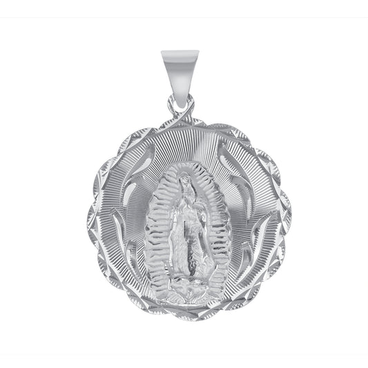 Silver 925 Virgin Mary (Virgen de Guadalupe) Extra Large Diamond Cut Round Shape Pendant. MEDA90-XL