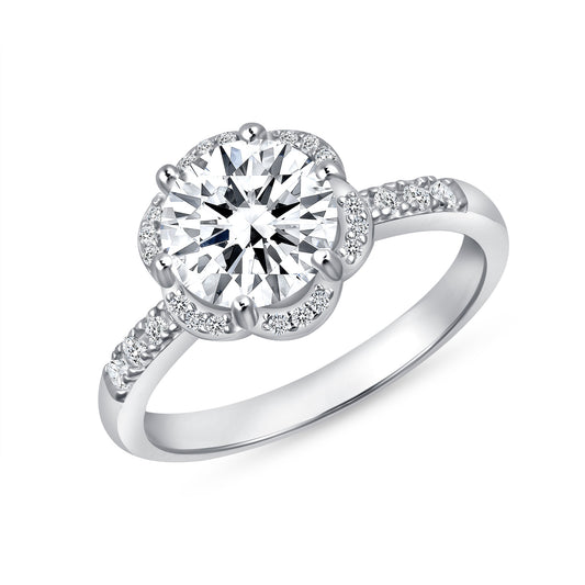 Silver 925 Rhodium Plated 2 Carat Moissanite Round Flower Solitaire Ring. MHR00022-2CT