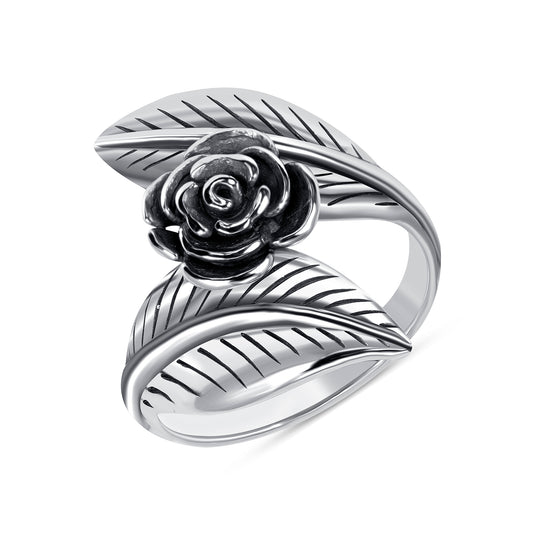 Silver 925 Rhodium Plated Oxidized Flower & Leaves Ring. OBY011