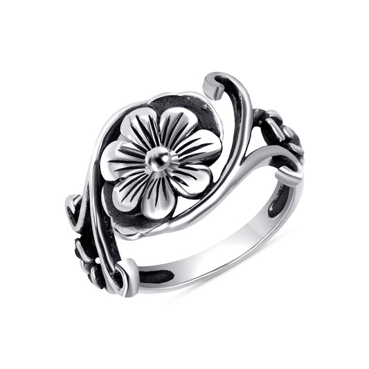 Silver 925 Rhodium Plated Oxidized Flowers Ring. OBY014