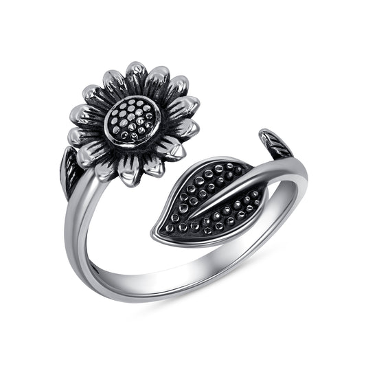 Silver 925 Rhodium Plated Oxidized Flower & Leaf Ring. OBY059