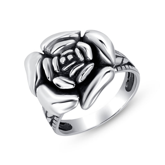 Silver 925 Rhodium Plated Oxidized Flower Ring. OBY120