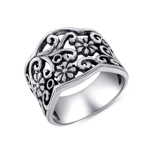 Silver 925 Rhodium Plated Oxidized Flowers Ring. OBY254