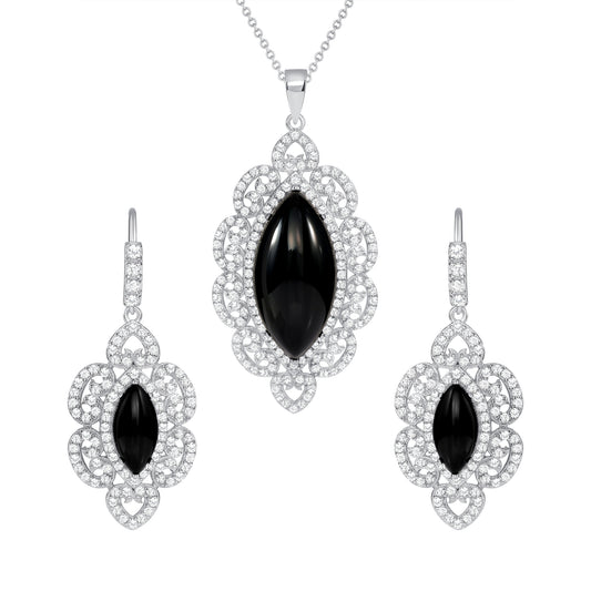 Silver 925 Rhodium Plated Oval Black Cubic Zirconia Set. SETBP13170BLK