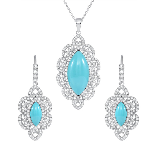 Silver 925 Rhodium Plated Oval Turquoise Cubic Zirconia Set. SETBP13170TQ