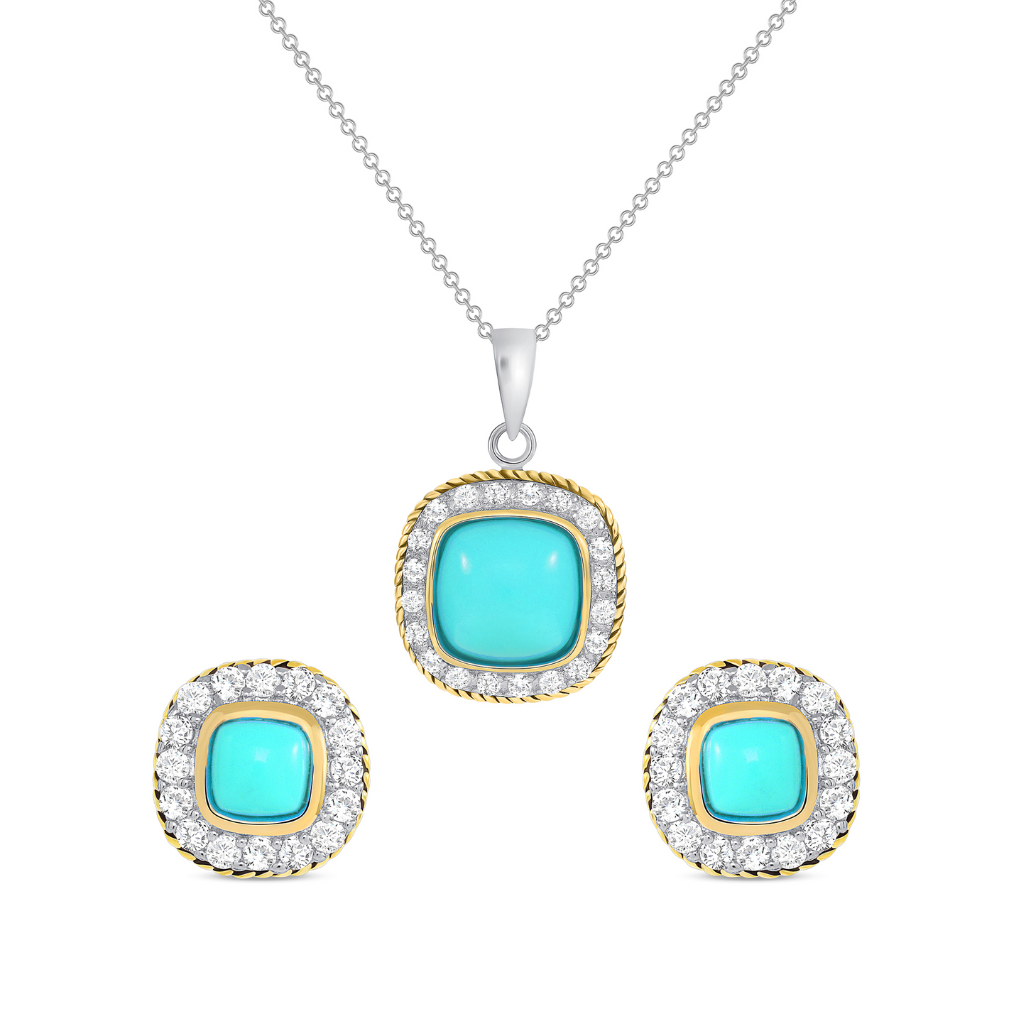 Silver 925 Two Tone Plated Square Turquoise Cubic Zirconia Set. SETBP13305TQ