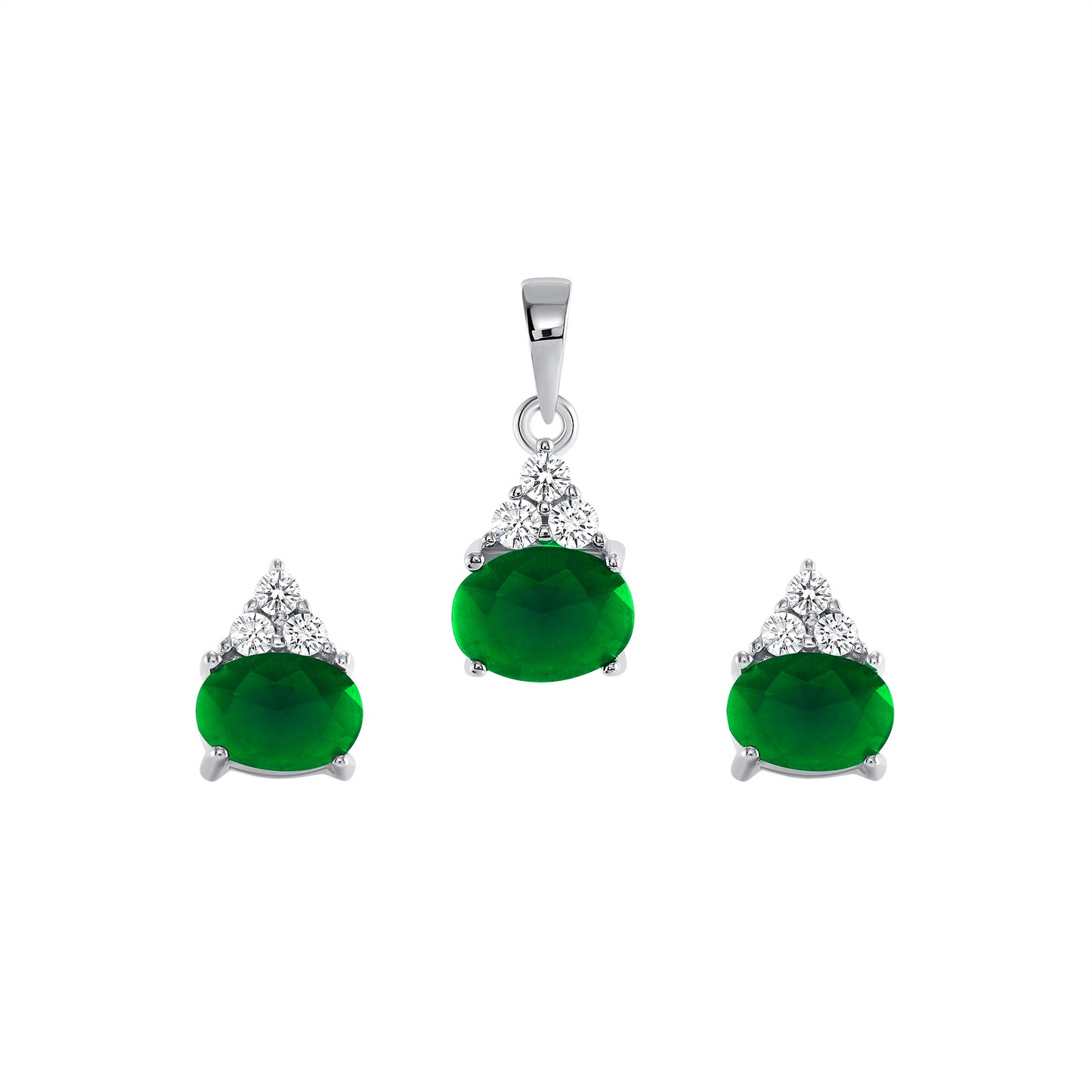 Silver 925 Rhodium Plated Oval Green Matte Cubic Zirconia Crown Glass Set. SETBP13791GRN