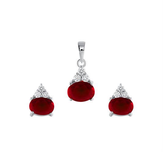 Silver 925 Rhodium Plated Oval Red Matte Cubic Zirconia Crown Glass Set. SETBP13791RED