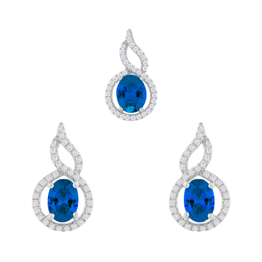 Silver 925 Rhodium Plated Blue Sapphire Cubic Zirconia Twist Halo Set. SETBP14431BLU