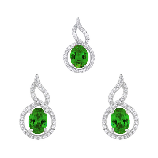 Silver 925 Rhodium Plated Green Emerald Cubic Zirconia Twist Halo Set. SETBP14431GRN
