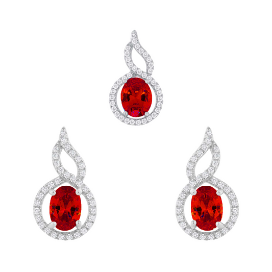 Silver 925 Rhodium Plated Red Ruby Cubic Zirconia Twist Halo Set. SETBP14431RED