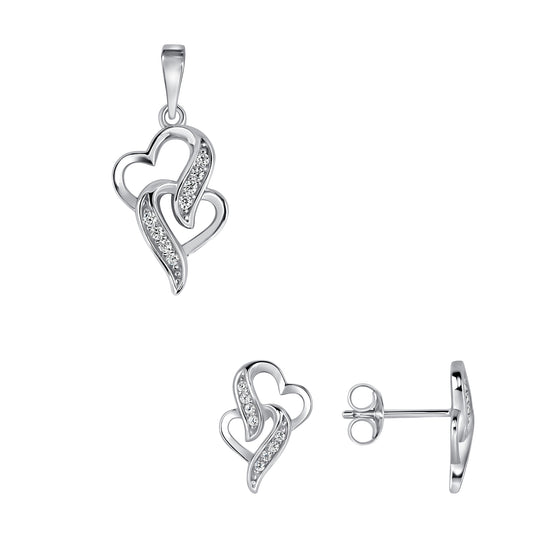 Silver 925 Rhodium Plated Clear Cubic Zirconia Interlocked Hearts Set. SETBP14626