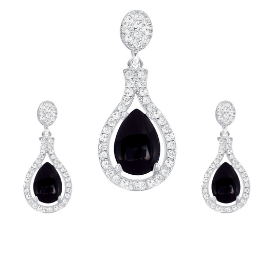 Silver 925 Rhodium Plated Cubic Zirconia Onyx Drop Set. SETBP14856BLK