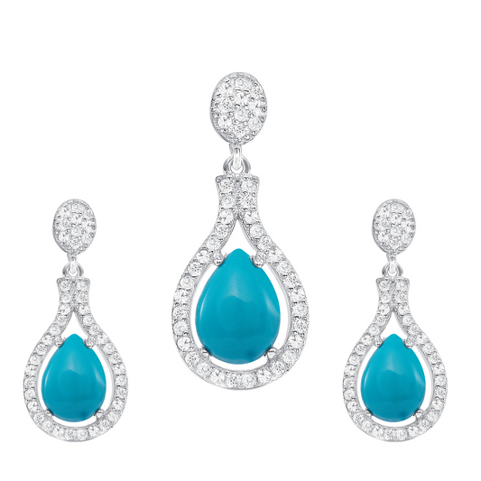 Silver 925 Rhodium Plated Turquoise Drop Set. SETBP14856TQ