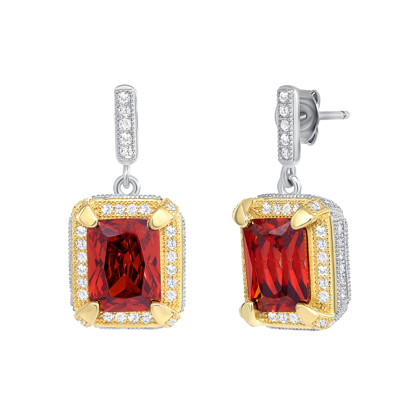 Silver 925 2 Tone Rhodium & Gold Plated Red Garnet Rectangle Cubic Zirconia Set. SETDGP1089RED