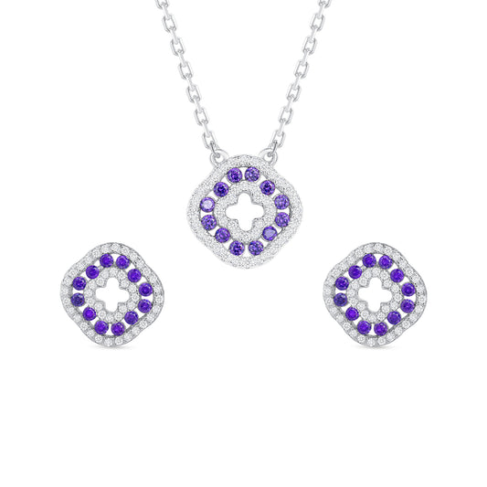 Silver 925 Rhodium Plated Round Amethyst Purple Cubic Zirconia Set. SETDGN1298AMY