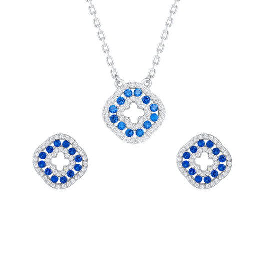 Silver 925 Rhodium Plated Round Sapphire Blue Cubic Zirconia Set. SETDGN1298BLU