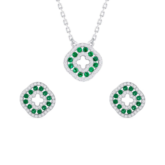 Silver 925 Rhodium Plated Round Emerald Green Cubic Zirconia Set. SETDGN1298GRN