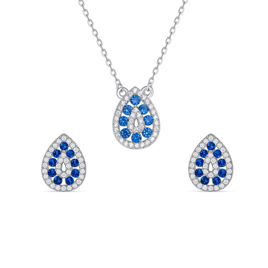 Silver 925 Rhodium Plated Tear Shape Sapphire Blue Cubic Zirconia Set. SETDGN1299BLU