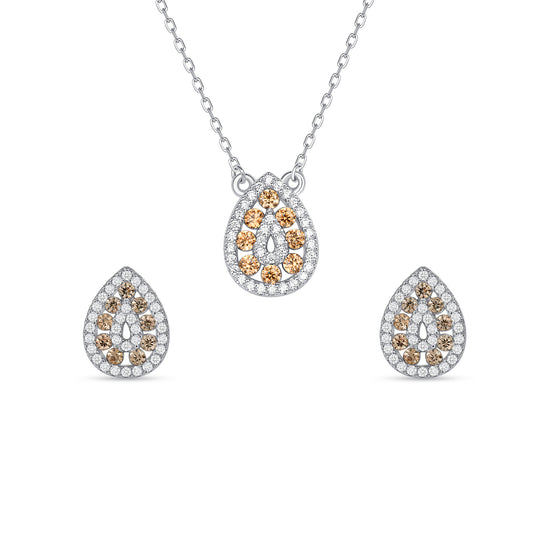 Silver 925 Rhodium Plated Tear Shape Champagne Brown Cubic Zirconia Set. SETDGN1299CHP