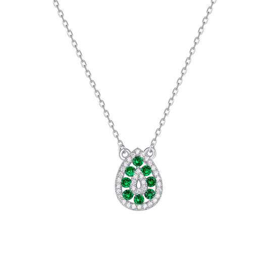Silver 925 Rhodium Plated Tear Shape Emerald Green Cubic Zirconia Set. SETDGN1299GRN