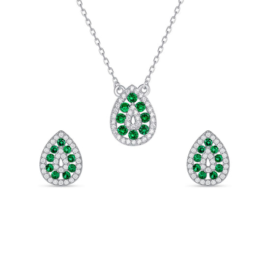 Silver 925 Rhodium Plated Tear Shape Emerald Green Cubic Zirconia Set. SETDGN1299GRN