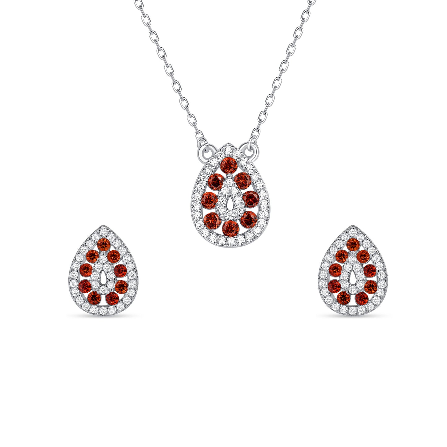 Silver 925 Rhodium Plated Tear Shape Amethyst Red Cubic Zirconia Set. SETDGN1299RED