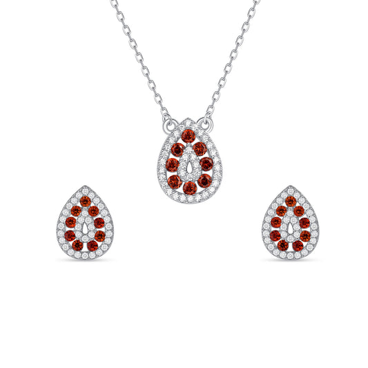 Silver 925 Rhodium Plated Tear Shape Amethyst Red Cubic Zirconia Set. SETDGN1299RED