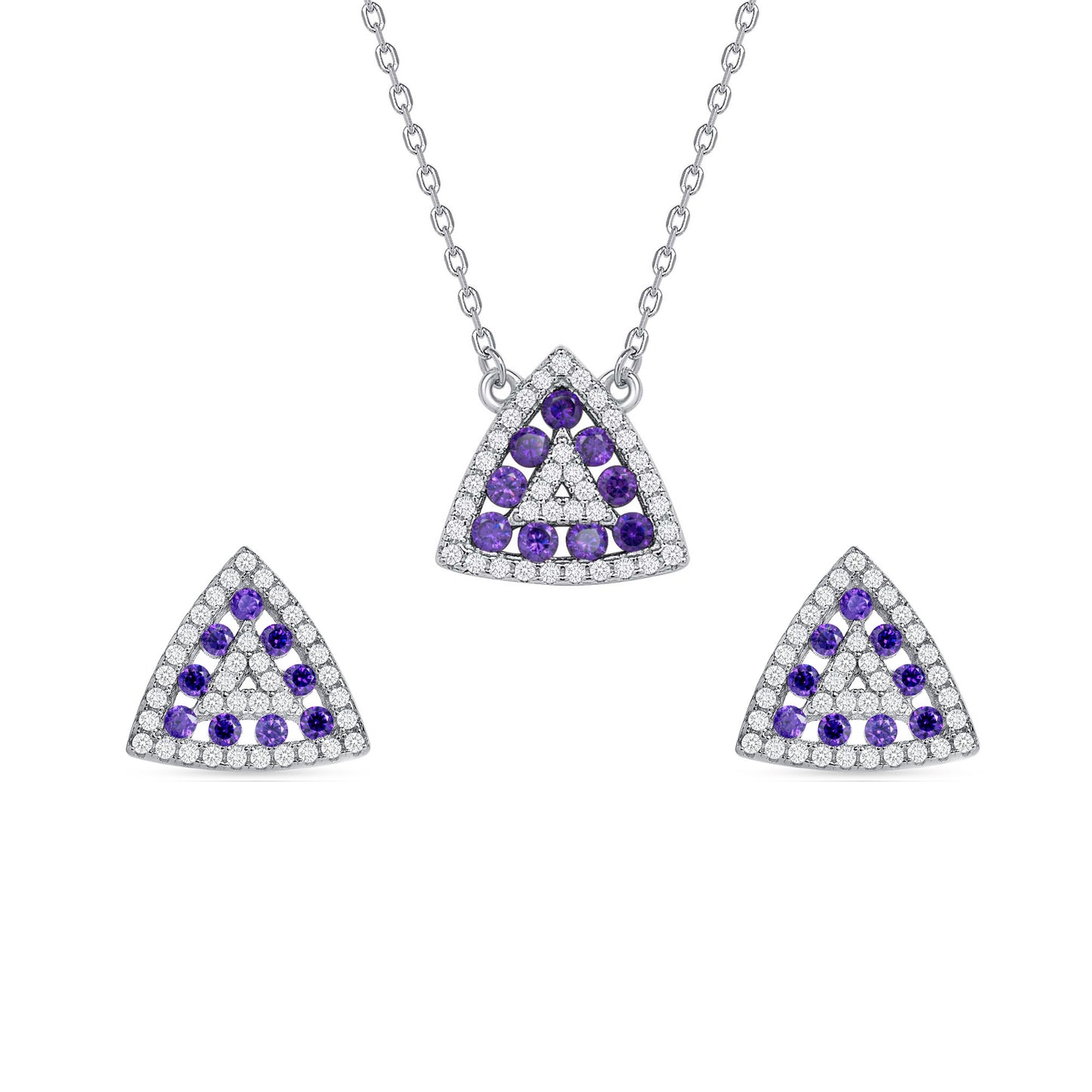 Silver 925 Rhodium Plated Triangle Shape Amethyst Violet Cubic Zirconia Set. SETDGN1300AMY