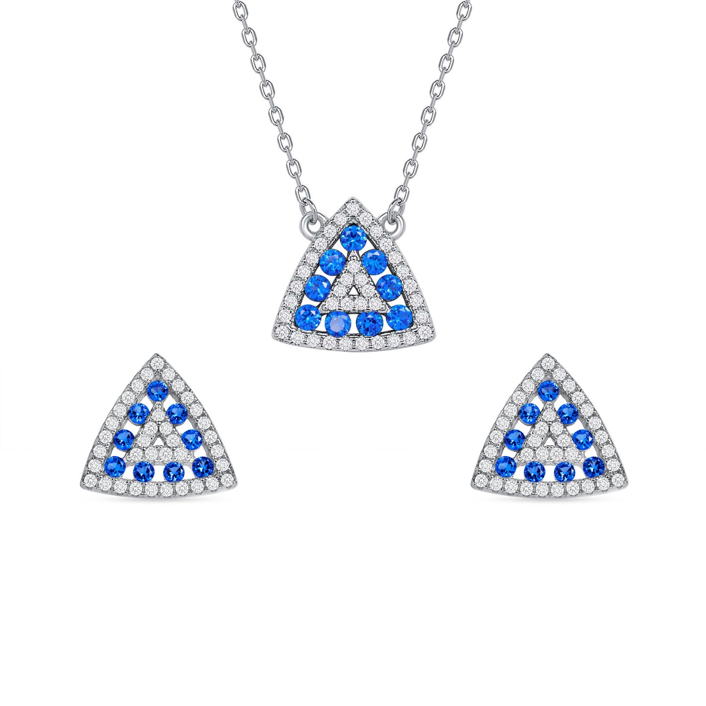 Silver 925 Rhodium Plated Triangle Shape Sapphire Blue Cubic Zirconia Set. SETDGN1300BLU