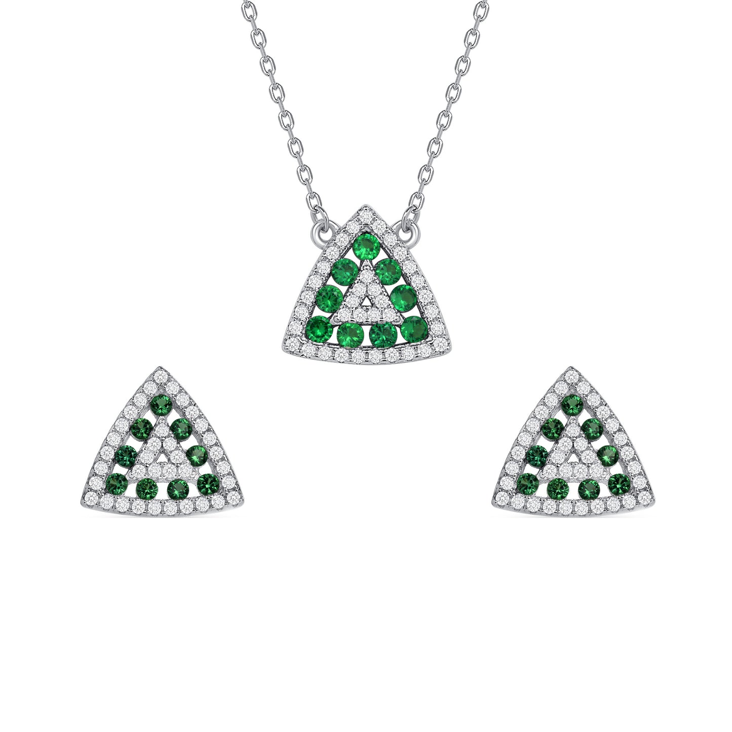 Silver 925 Rhodium Plated Triangle Shape Emerald Green Cubic Zirconia Set. SETDGN1300GRN