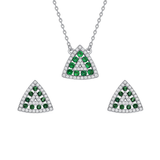Silver 925 Rhodium Plated Triangle Shape Emerald Green Cubic Zirconia Set. SETDGN1300GRN