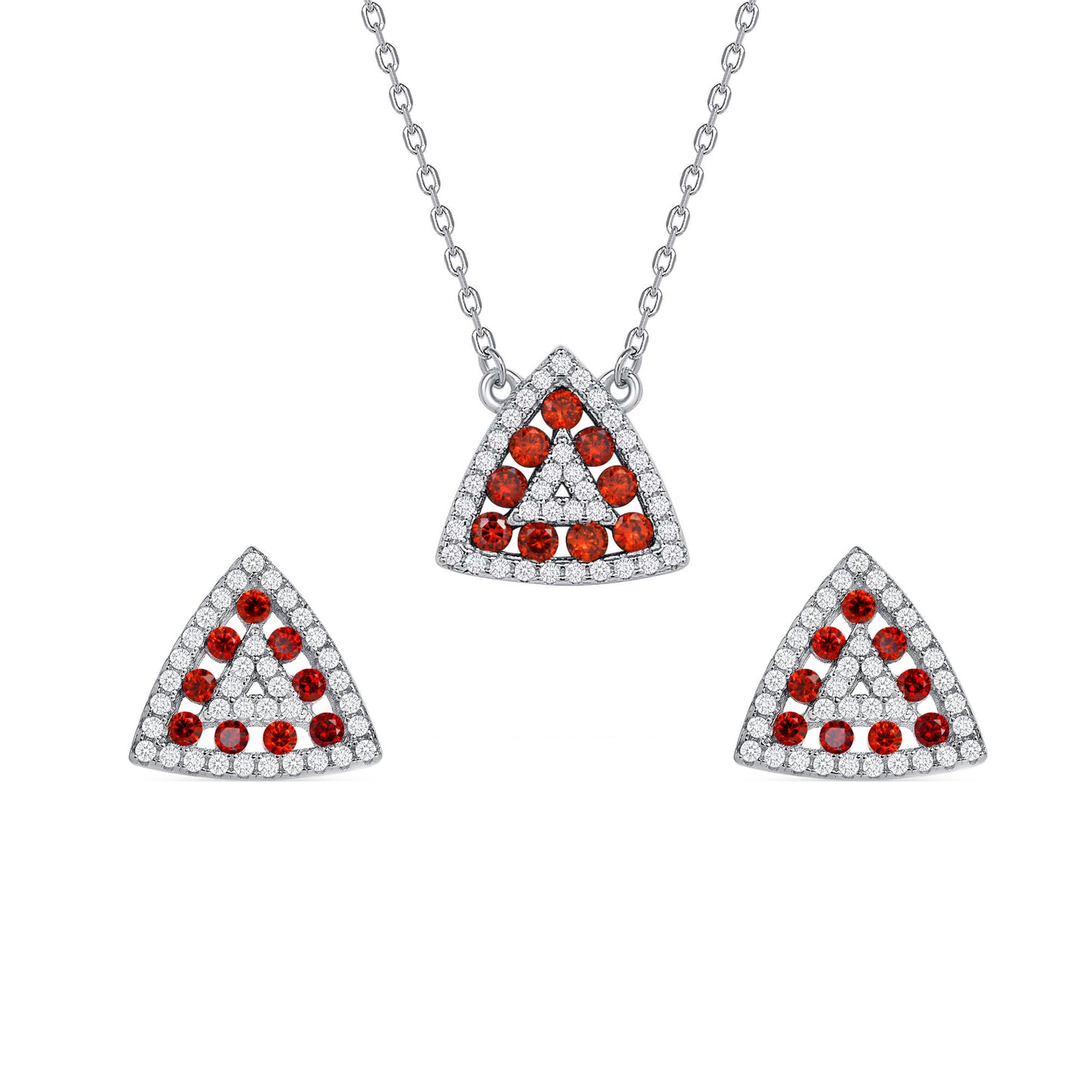 Silver 925 Rhodium Plated Triangle Shape Ruby Red Cubic Zirconia Set. SETDGN1300RED