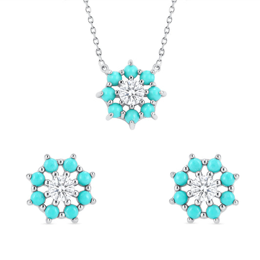Silver 925 Rhodium Plated Blue Opal Cubic Zirconia Flower Set. SETDGN1348