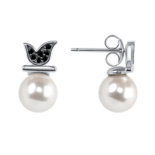 Silver 925 Rhodium Plated White Shell Pearl Black Cubic Zirconia Set. SETDGN1427BLK