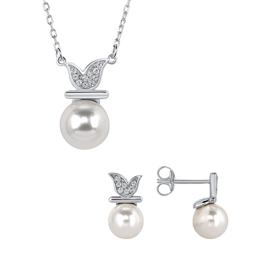 Silver 925 Rhodium Plated White Pearl Set. SETDGN1427CLR
