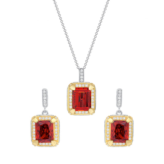 Silver 925 2 Tone Rhodium & Gold Plated Red Garnet Rectangle Cubic Zirconia Set. SETDGP1089RED