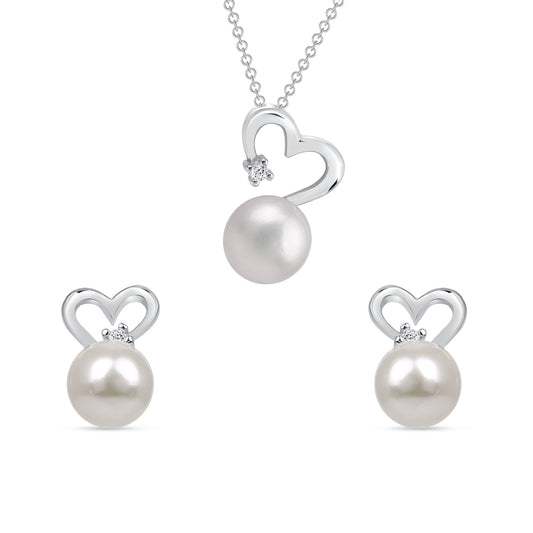 Silver 925 White Pearl Cubic Zirconia Heart Set. SETDGP1797